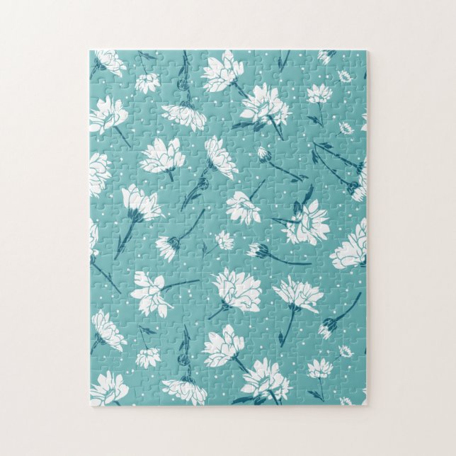 Puzzle Élégant motif floral - Botanique Turquoise et blan (Vertical)