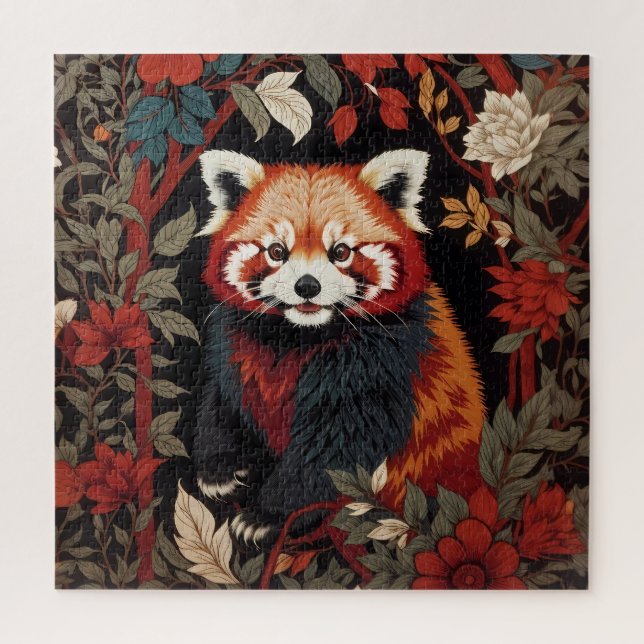 Puzzle Élégant Panda Rouge William Morris Inspiré Floral (Vertical)