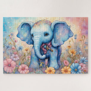 Puzzle Eléphant Bébé mignon dans un jardin pastel Daisy