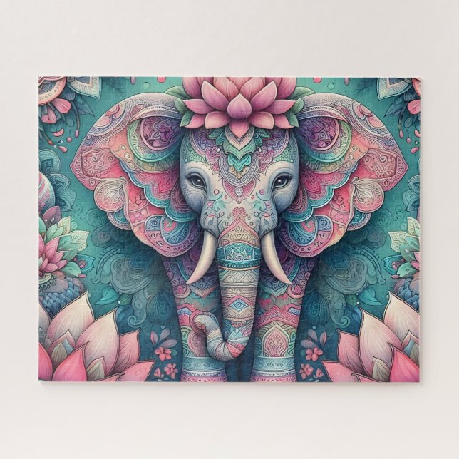 Puzzle Éléphant de mandala de lotus rose (Horizontal)