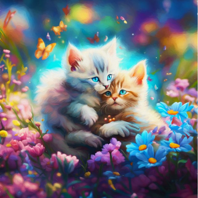 Puzzle Embrassage Whiskered : Chatons Avec Papillons (A charming kittens with flowers and butterflies jigsaw puzzle.)