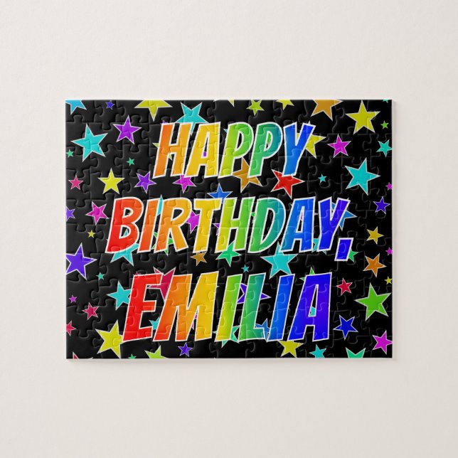 Puzzle "EMILIA" Prénom, Amusant "HEUREUX ANNIVERSAIRE" (Horizontal)