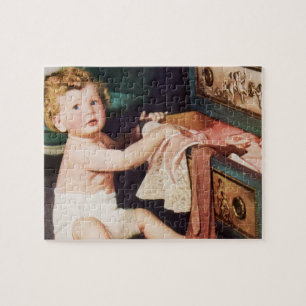 Puzzle Enfant Mignon en Bas Age Jouant avec la Commode à 