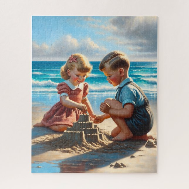 Puzzle Enfants Bâtir un château de sable sur la plage (Vertical)