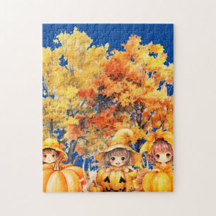 Puzzle enfants jouant avec les citrouille