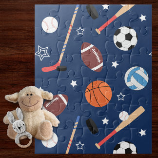 Puzzle Enfants Motif d'équipement sportif sur bleu Surdim