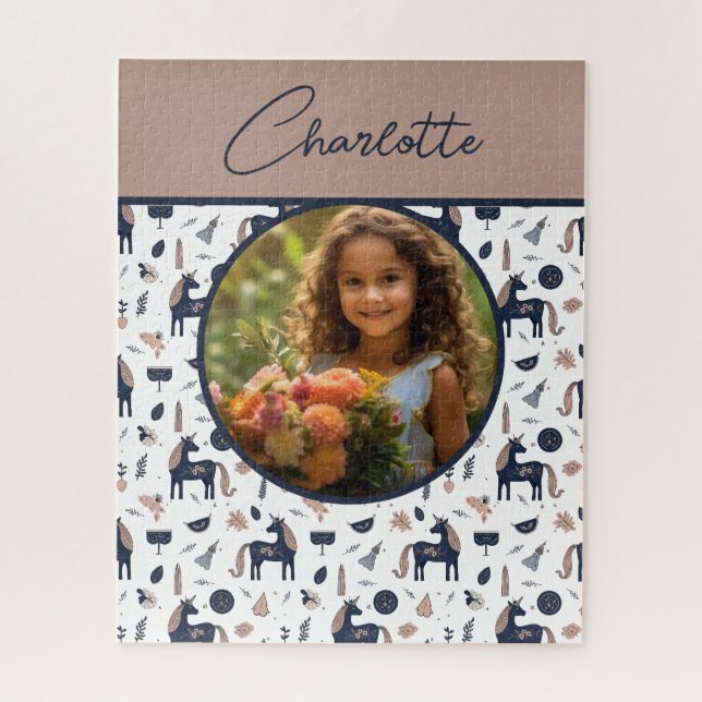 Puzzle Enfants Navy Beige Unicorne Photo personnalisée av (Vertical)