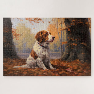 Puzzle Épagneul breton dans les feuilles d'automne qui to