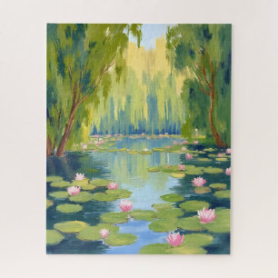 Puzzle Étang de fleurs de lotus Nature aquarelle verte