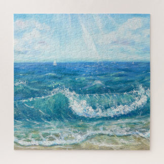 Puzzle Eté, vagues bleues, peinture acrylique.