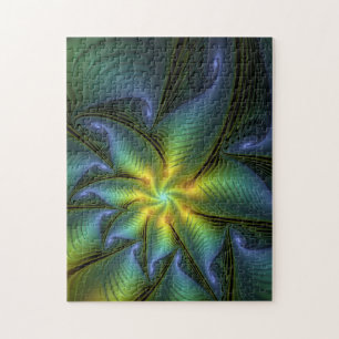 Puzzle Etoile Abstraite, Bleu brillant Vert Or Fractal Ar