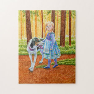 Puzzle Fairytale Girl with Hound in Forest