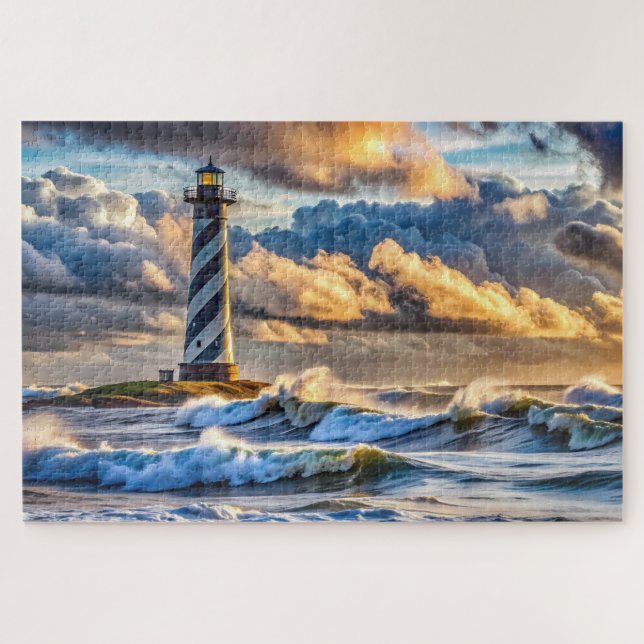 Puzzle Faisceau du phare spectaculaire avec des vagues or (Horizontal)