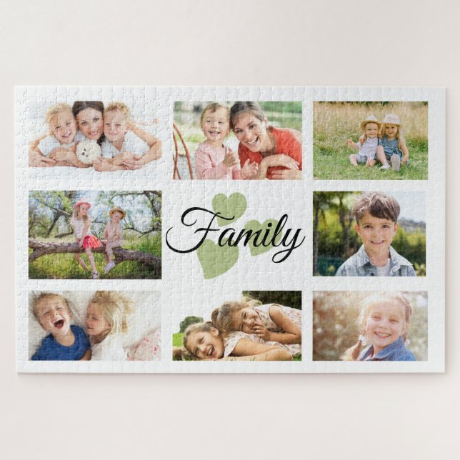 Puzzle Famille Custom 8 Photo Printemps Blanc Coeurs vert (Horizontal)