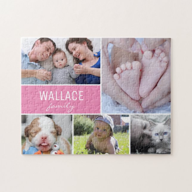Puzzle Famille de collage photo rose personnalisée (Horizontal)