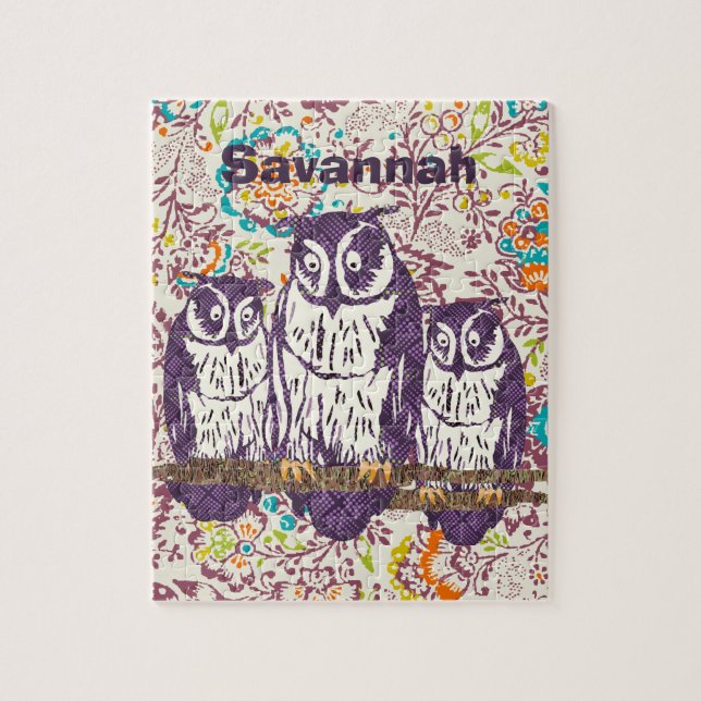 Puzzle Famille de hibou géométrique stylisée violet (Vertical)