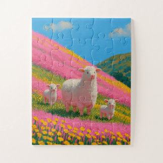 Puzzle Famille de moutons duveteux dans les collines de f
