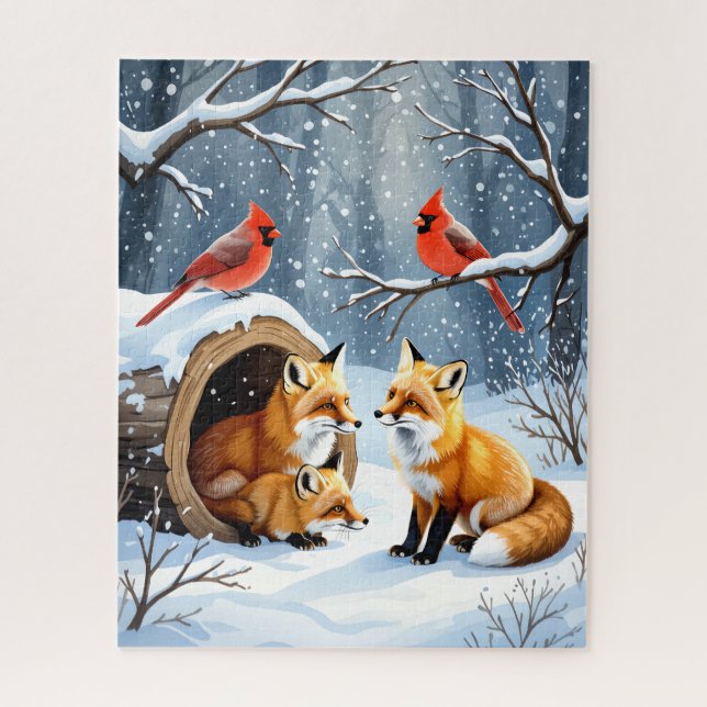 Puzzle Famille de Renards d'hiver avec Cardinaux dans la  (Vertical)
