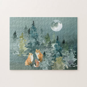 Puzzle Famille de renards en forêt sous la pleine lune aq