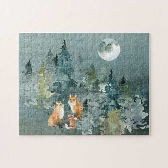 Puzzle Famille Fox dans la Pleine lune forestière Aquarel (Horizontal)