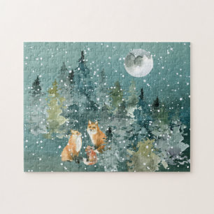 Puzzle Famille Fox en forêt Pleine lune neige