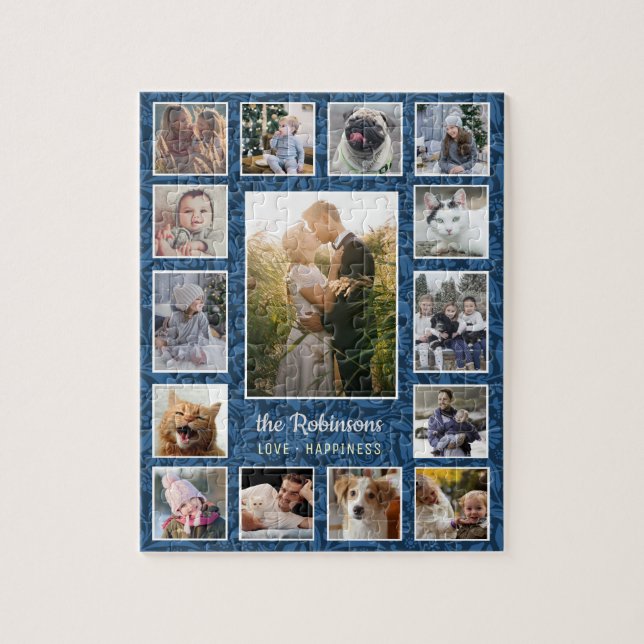 Puzzle Famille Photo Collage 15 Photos Nom Floral Bleu (Vertical)