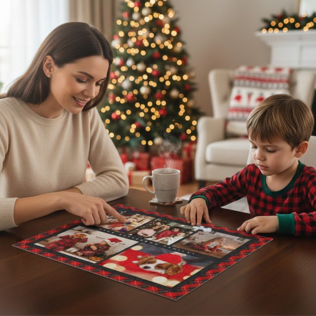 Puzzle Family Name 5 Photo Collage Red Plaid Modern (Créateur téléchargé)