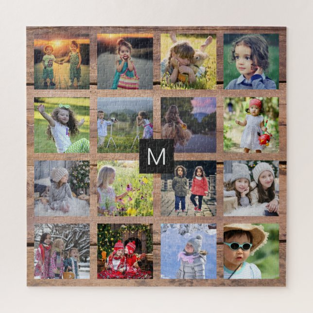 Puzzle Family photo collage 16 photos on wood monogrammed (Vertical)