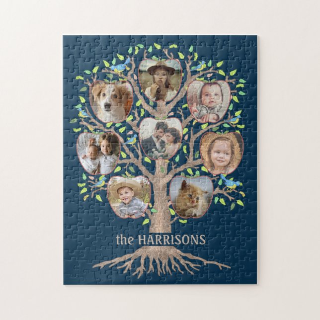 Puzzle Family Tree Photo Collage 8 Photos Nom Dk Blue (Vertical)