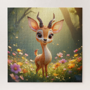 Puzzle Faon de dessin animé adorable parmi des fleurs vib