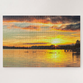 Puzzle Faune sur le coucher du soleil de lac