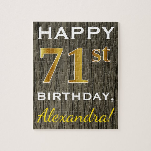 Puzzle Faux Wood, Faux Gold 71e anniversaire + Nom person (Vertical)