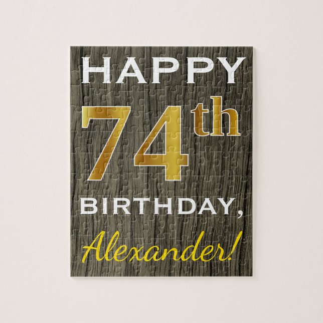 Puzzle Faux Wood, Faux Gold 74e anniversaire + Nom person (Vertical)
