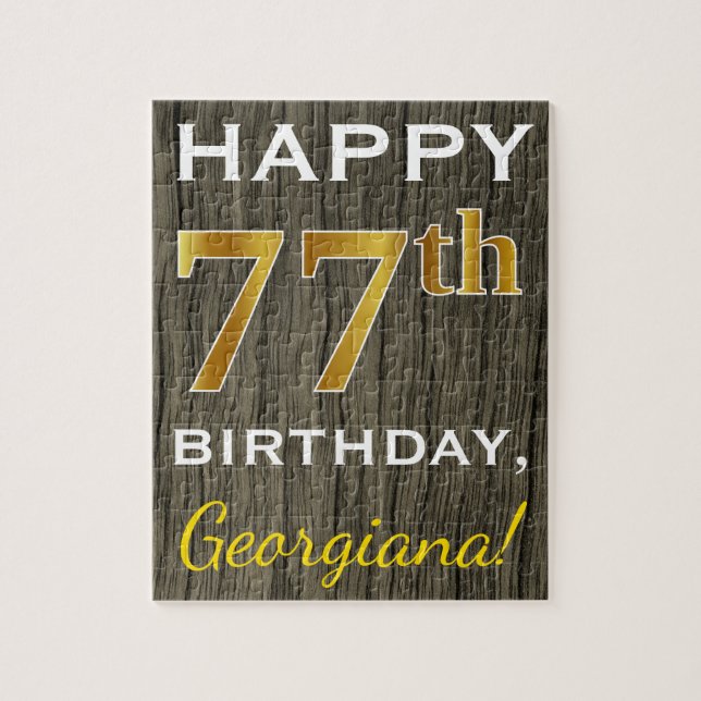 Puzzle Faux Wood, Faux Gold 77e anniversaire + Nom person (Vertical)