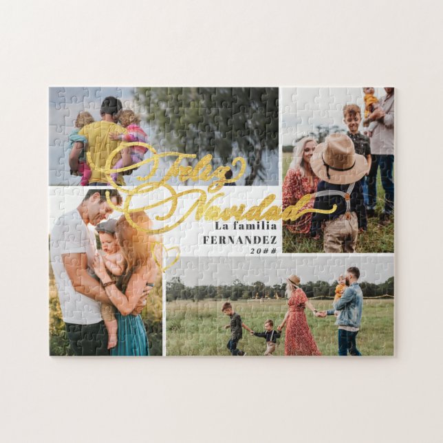 Puzzle Feliz Navidad Gold Christmas Four Photo Collage (Horizontal)