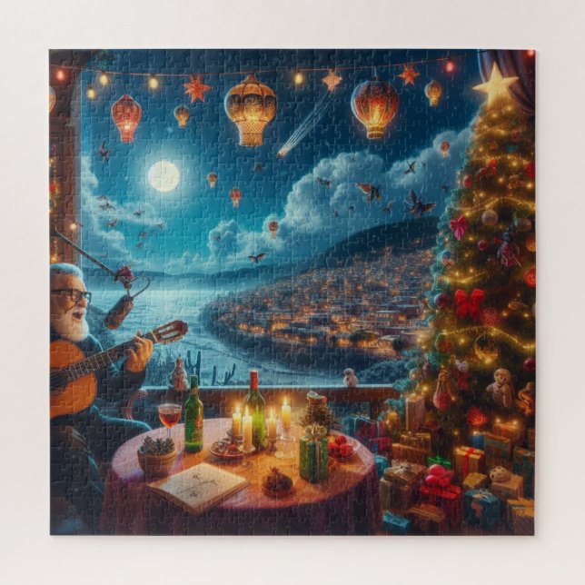 Puzzle Feliz Navidad Joueur guitare festive Ville côtière (Vertical)