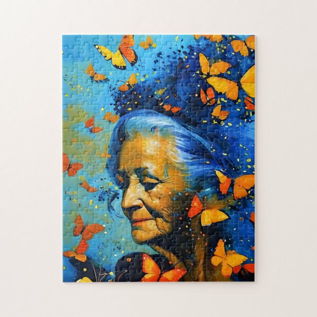 Puzzle Femme Âgée Avec Papillons (Vertical)
