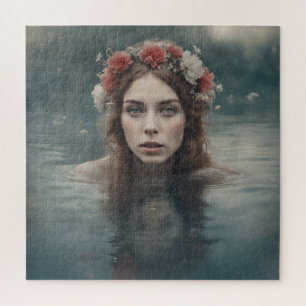 Puzzle Femme aux fleurs sur la tête flottant dans un étan