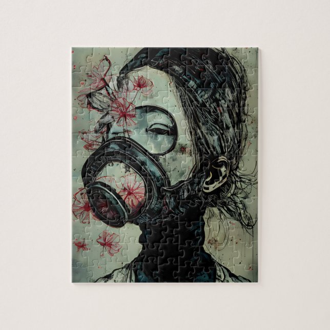 Puzzle Femme dans un masque à gaz avec fleurs (Vertical)