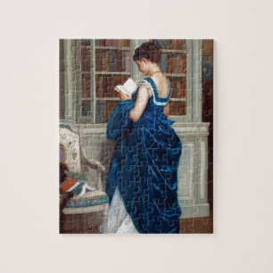Puzzle Femme élégante victorienne lisant dans une bibliot