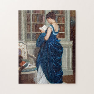 Puzzle Femme élégante victorienne lisant dans une bibliot
