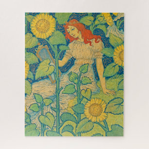 Puzzle Femme-fille de fleurs dans le jardin de tournesol