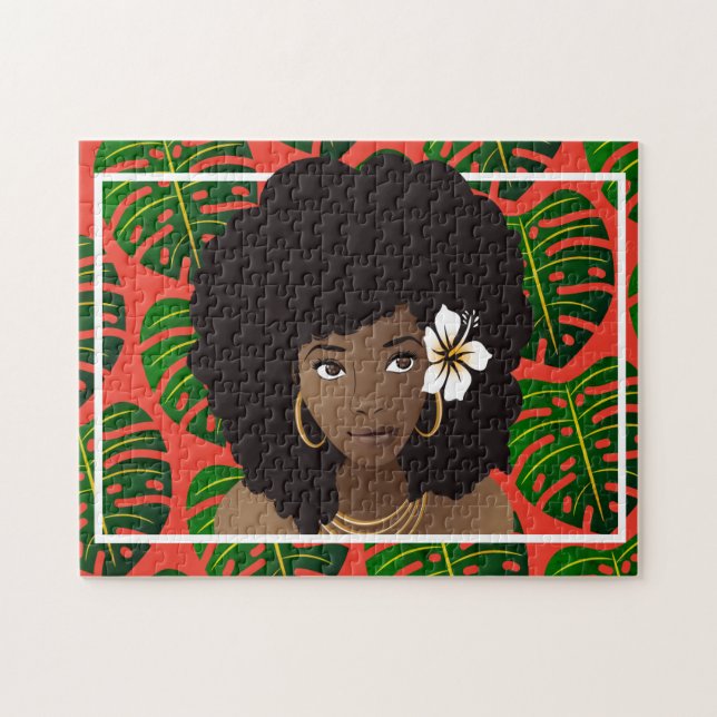 Puzzle Femme noire, Fleur dans les cheveux, Feuilles trop (Horizontal)