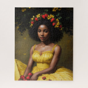 Puzzle Femme noire fraise en robe jaune Art d'été
