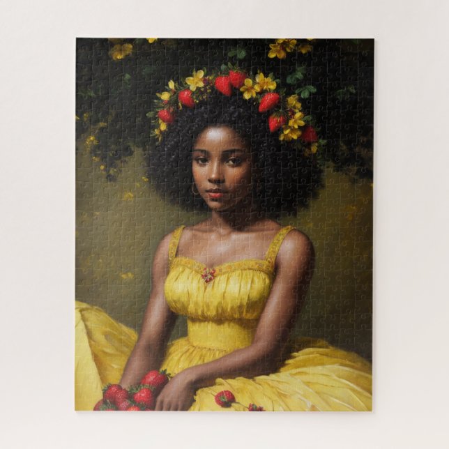Puzzle Femme noire fraise en robe jaune Art d'été (Vertical)