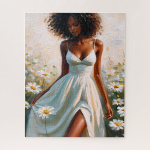 Puzzle Femme noire insouciante parmi les marguerites