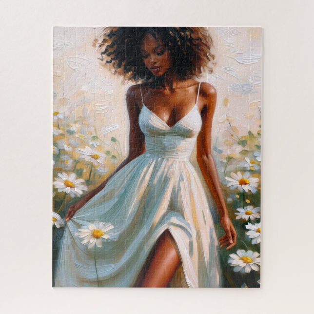 Puzzle Femme noire insouciante parmi les marguerites (Vertical)