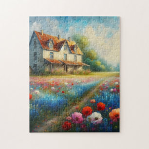 Puzzle Ferme dans un champ de fleurs