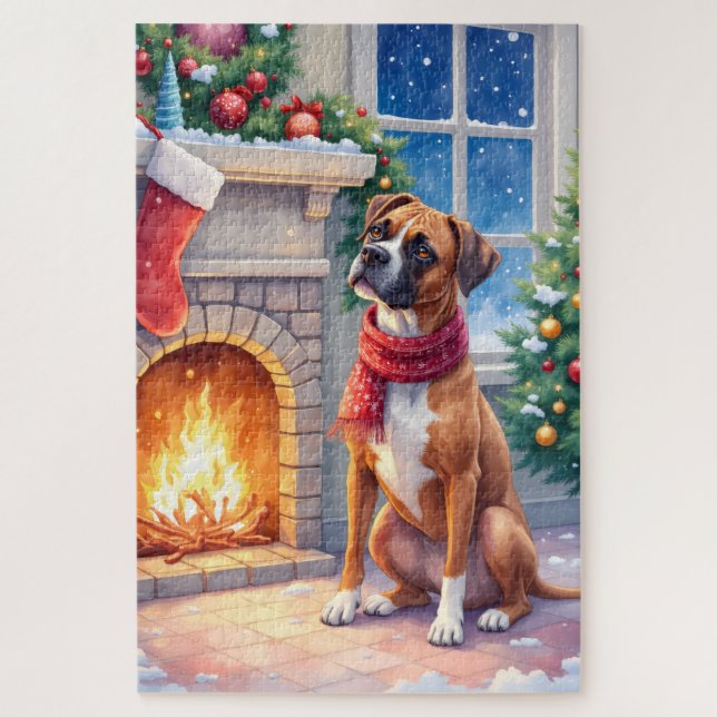 Puzzle Festive Fireplace Boxer Christmas Art (Vertical)