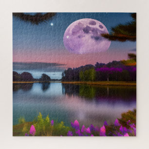 Puzzle Feuillage pourpre Lune et lac paisible